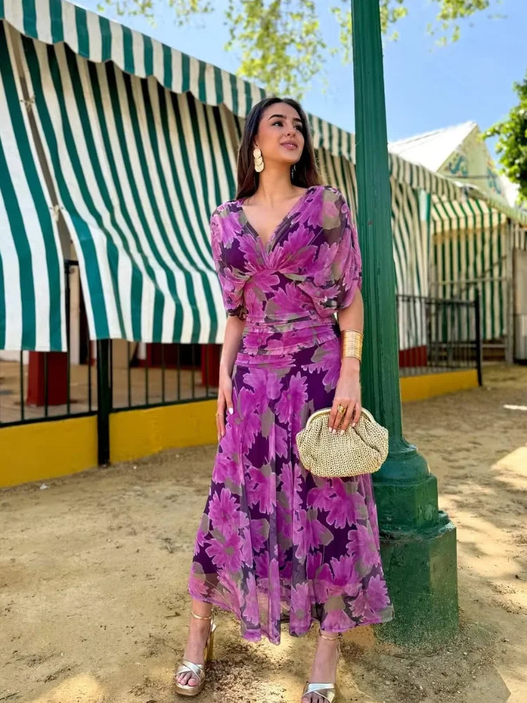Women Solid Deep V-neck Mesh Long Dress Elegant Puff Short Sleeve Ruched Waist High Vestidos 2026 Summer Lady Casual Street Robe