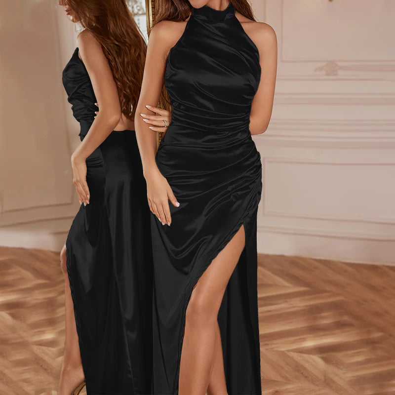 Ladies Summer Satin Evening Birthday Party Dresses Women Sleeveless Backless Halter Side Slit Elegant Long Dress Mowan Clothes