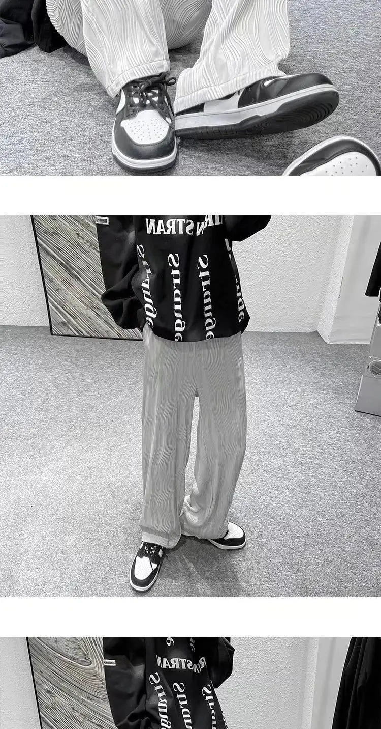 Summer Korean Fashion Simple Ice Silk Wide Leg Pants Men Solid Elastic Waist Pockets Thin High Street Loose Straight Trousers