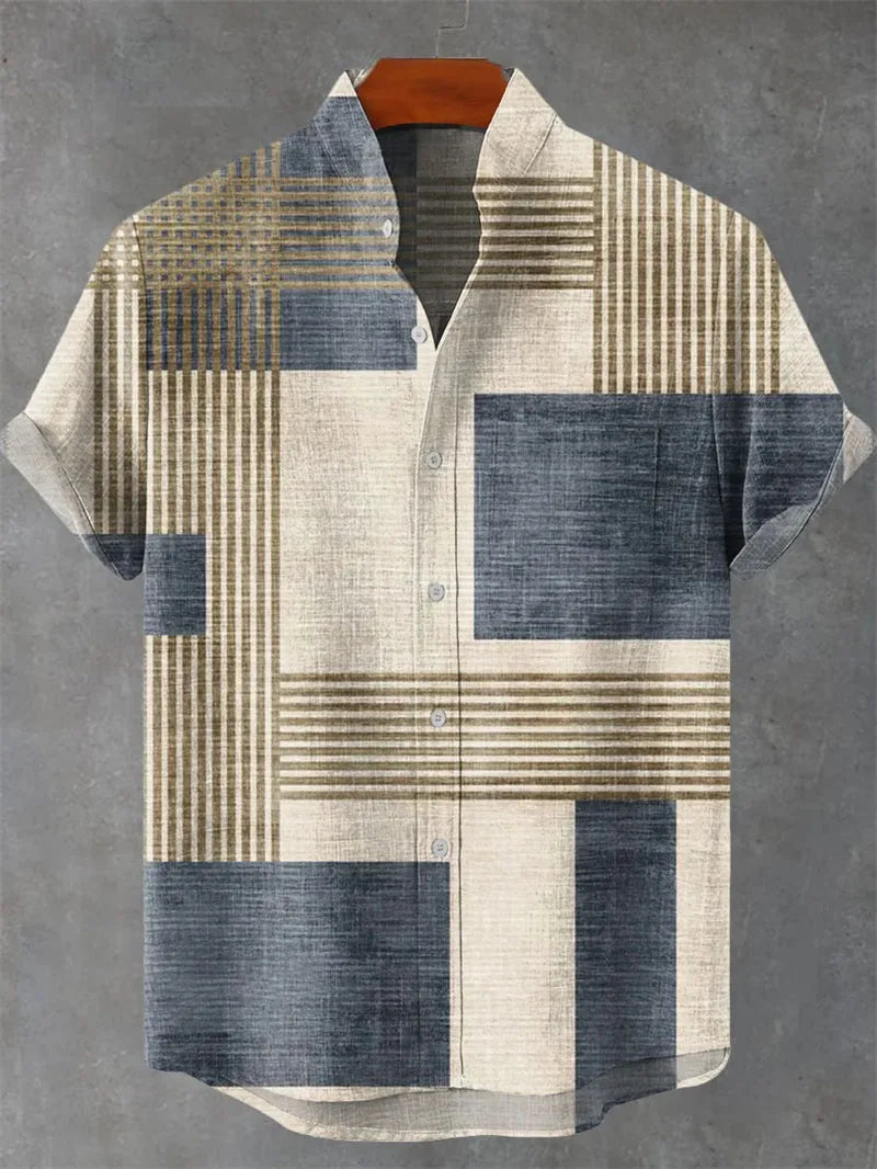 New Men's Shirt 3D Printed Linen Shirt Men's Casual Short Sleeved Top Fashionable Men's Lapel Button Up Shirt Printed T-shirt