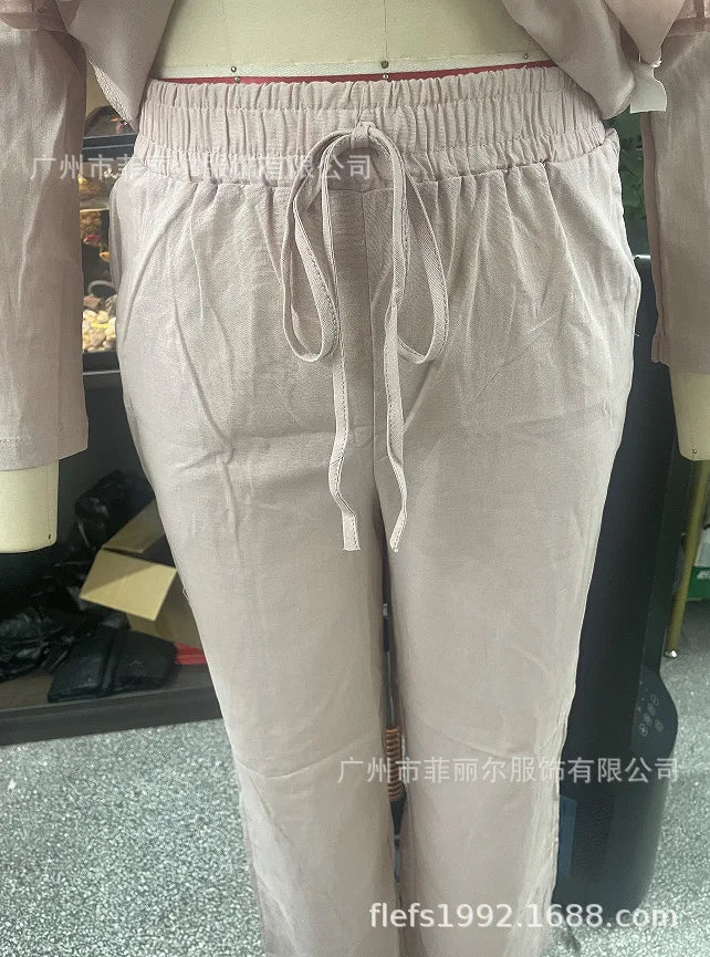 Casual Solid Color Pullover Long Pants 2-piece Set Women's Cotton and Linen Pants Suit White Pink
