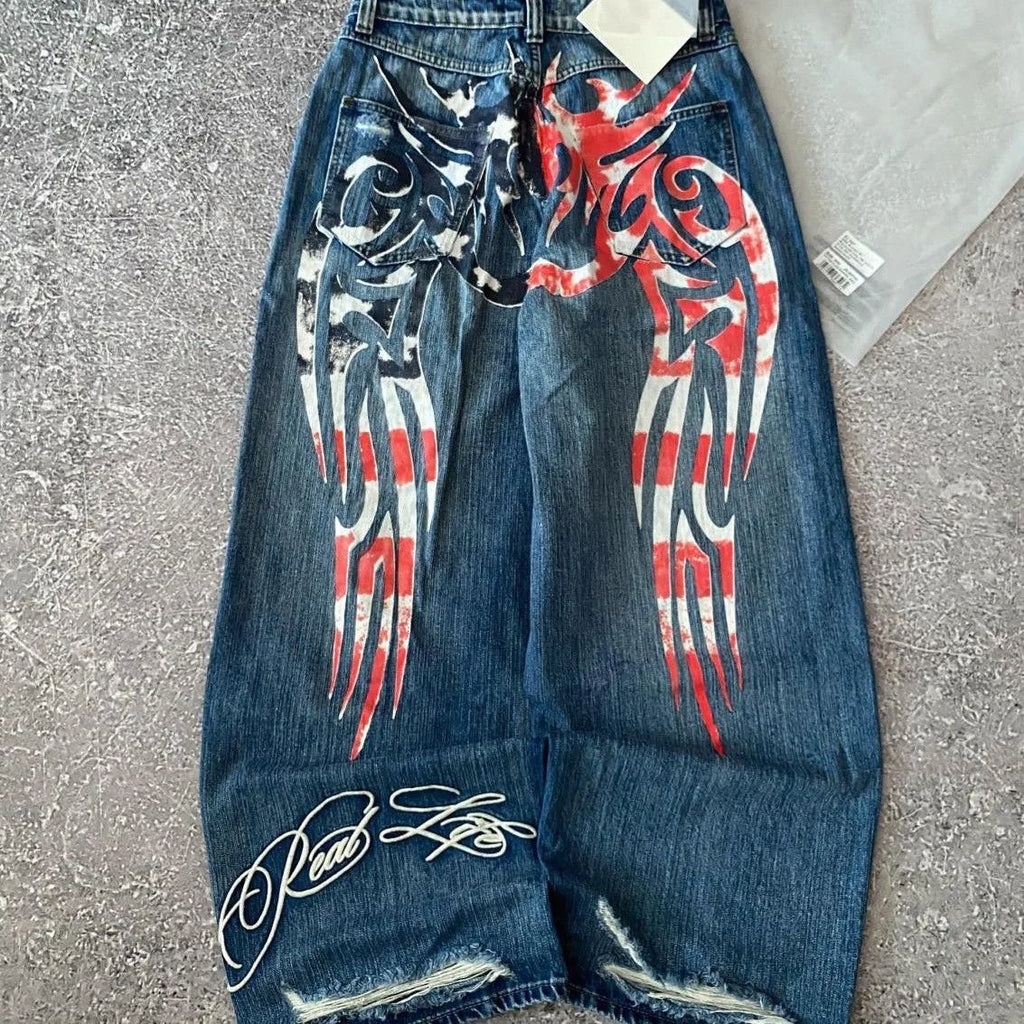 Mottled Totem Print Loose Jeans for Women Harajuku Trendy Hip-Hop Jeans Y2K American Retro High-Waist Wide-Leg Jeans for Women