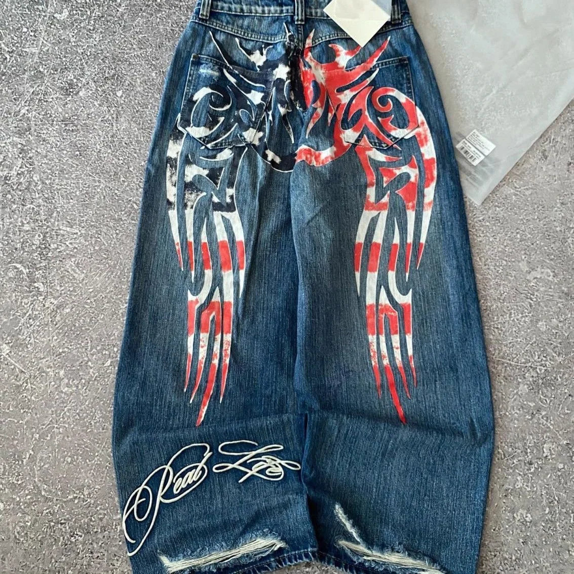 Mottled Totem Print Loose Jeans for Women Harajuku Trendy Hip-Hop Jeans Y2K American Retro High-Waist Wide-Leg Jeans for Women