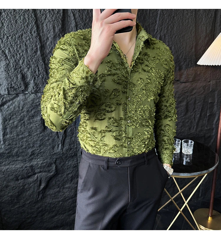 Tassels Shirts For Men Korean New Autumn Winter Long Sleeve Men's Social Shirt Slim Fit All Match Plain Color Blouse Homme 4XL-M