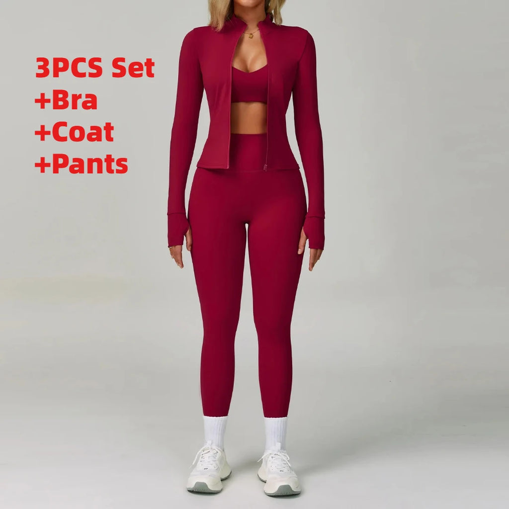 3PCS Women's Yoga Set Peach Hip Sports Jacket Shorts Fitness Set Tight Sports Bra Pants Set Workout Gym Leggings Sports Yoga Set