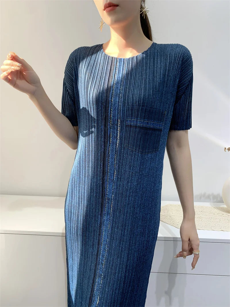 Miyake Pleated Imitation Denim Dress 2025 Summer New Mid-length Slim and Thin Short-sleeved Pleated Skirt