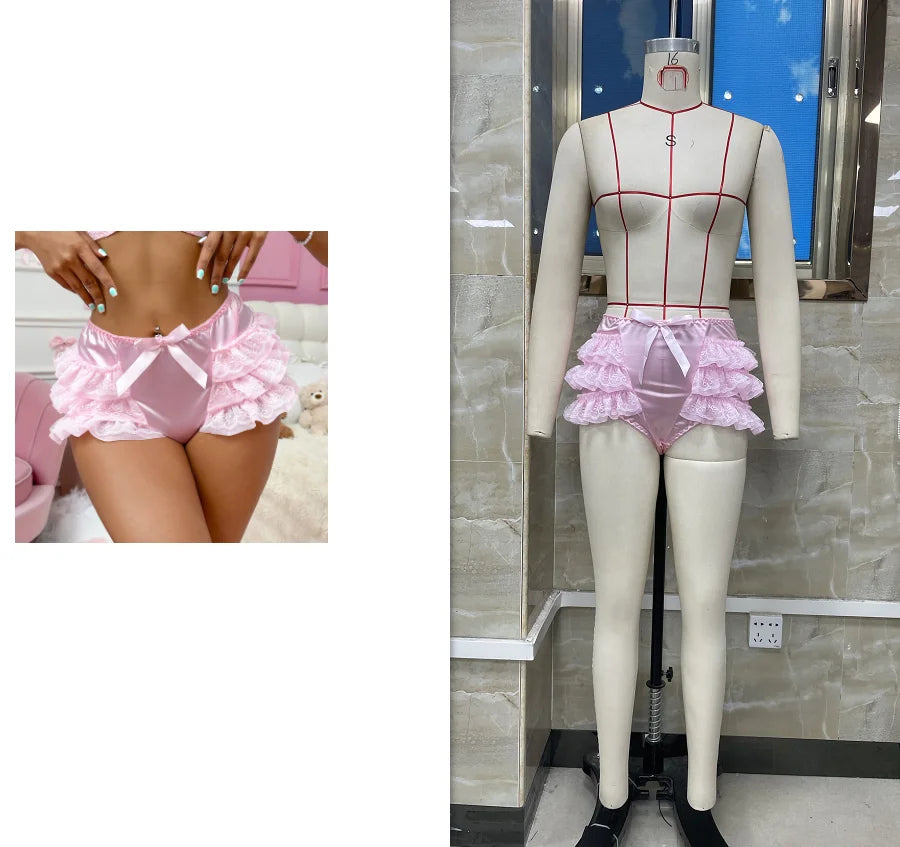 Combhasaki Women's Sheer Floral Lace Ruffle Layered Bloomers Bow Decor Elastic High Waist Satin Silk Patchwork Slim Mini Shorts