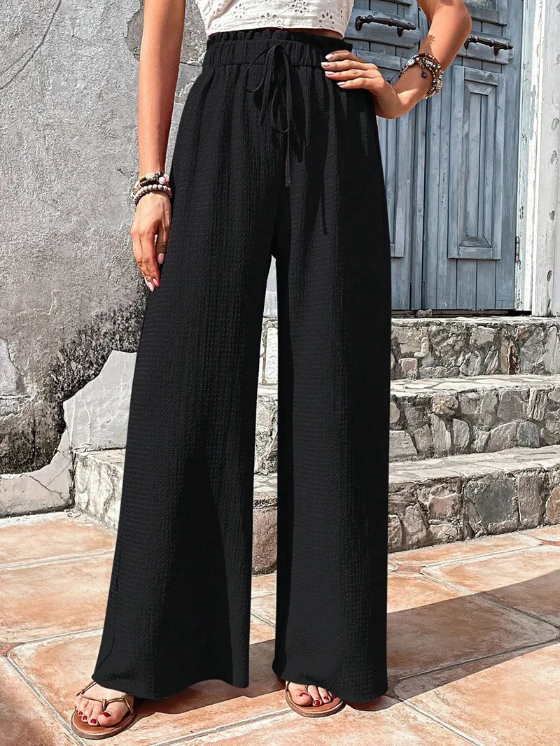 Women's Plain Frill Trim Drawstring Waist Wide Leg Pants, Boho Casual High Waist Trousers for Daily Outdoor Wear, Ladies Bottoms
