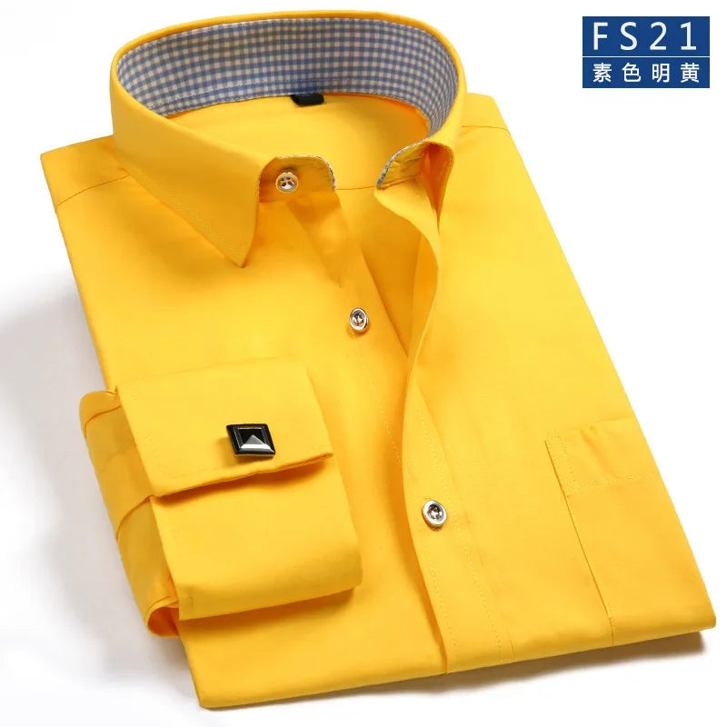 2025 Classic Regular Fit White French Cufflinks Men's Business Dress Long Sleeve Shirt Lapel Men Social Shirt