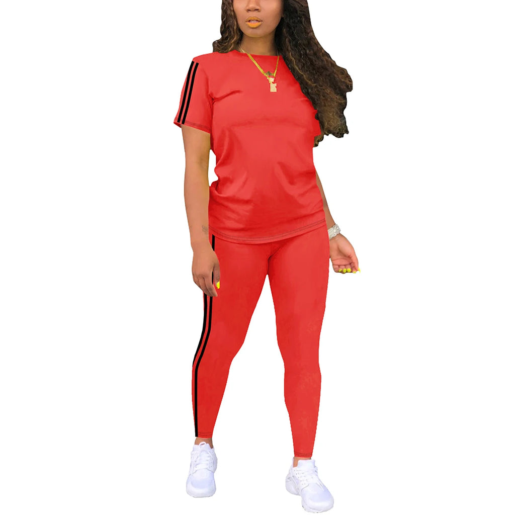 Women's Side-Striped Summer Sportswear Set Short Sleeve Long Pants Breathable Base Layer Clothing Colorful Casual Outfit