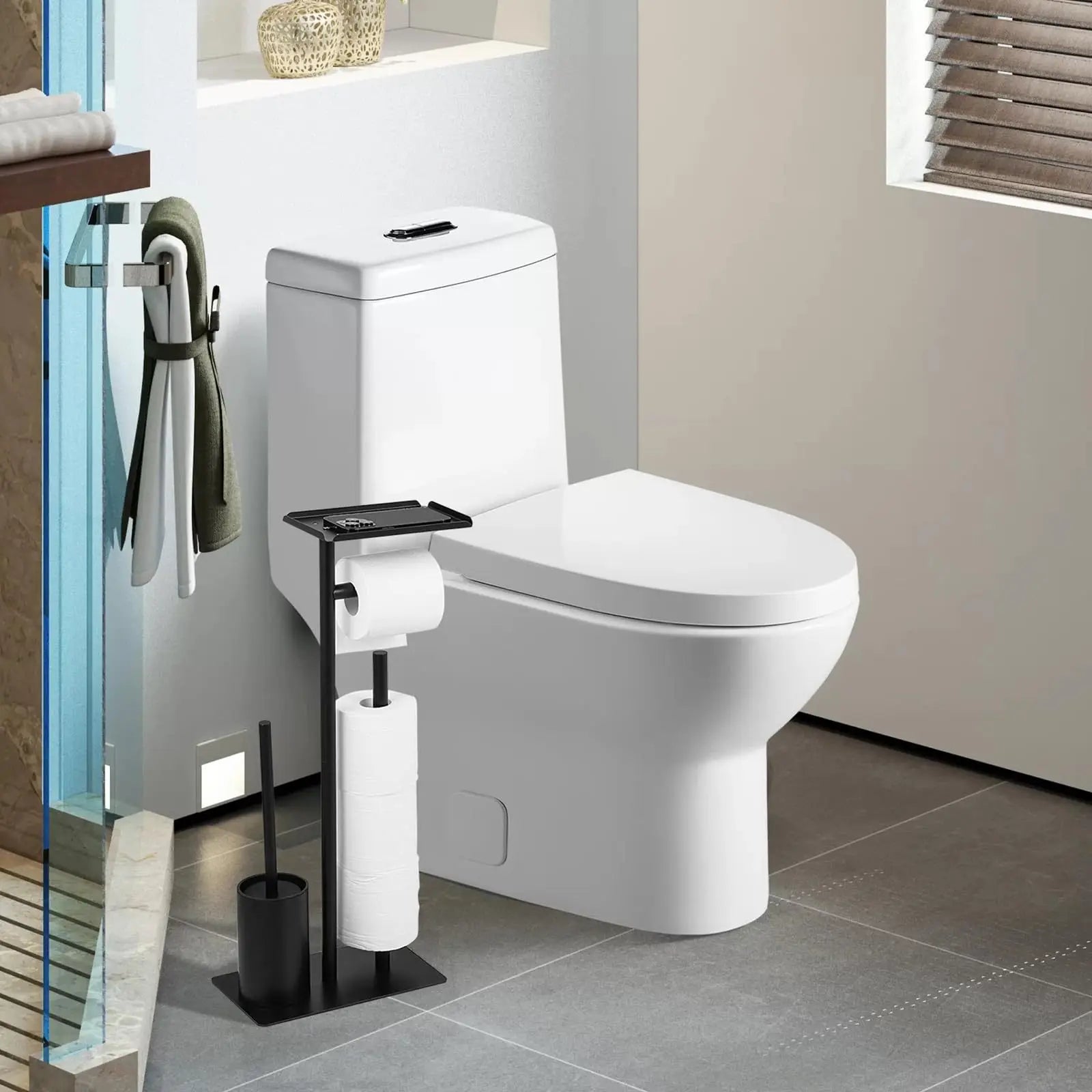 Stainless Steel Standing Toilet Set, Toilet Paper Holder with Toilet Brush for Bathroom Storage