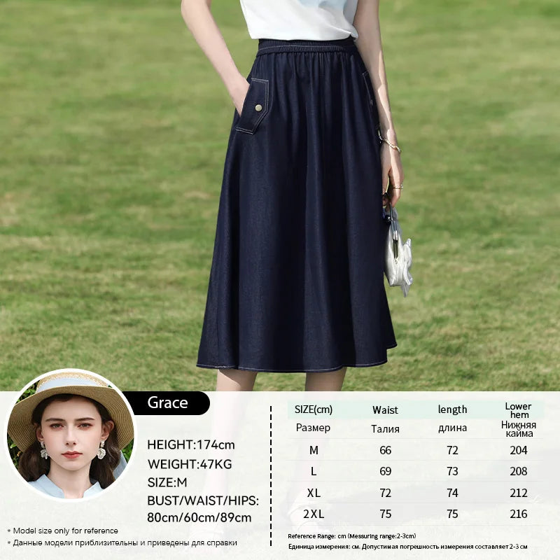 I BELIEVE YOU Dark Blue Denim Midi Skirt for Women 2026 Spring Elastic Waist Skirts Casual A-Line Skirt with Pockets 2261026207