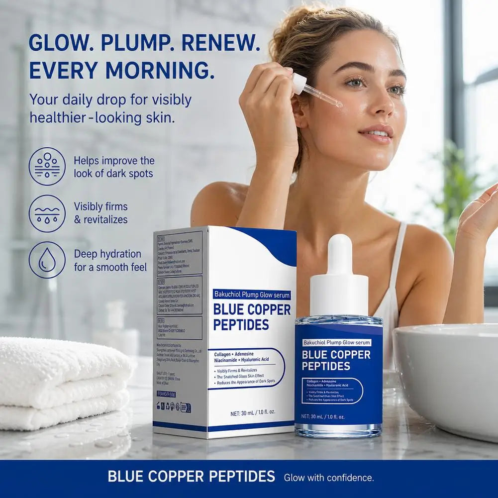 Blue Copper Peptide Serum Glow Plump Hydrating Face Essence Moisturizer Smooth Skin Firming Boosting Facial Care Serum 30ml