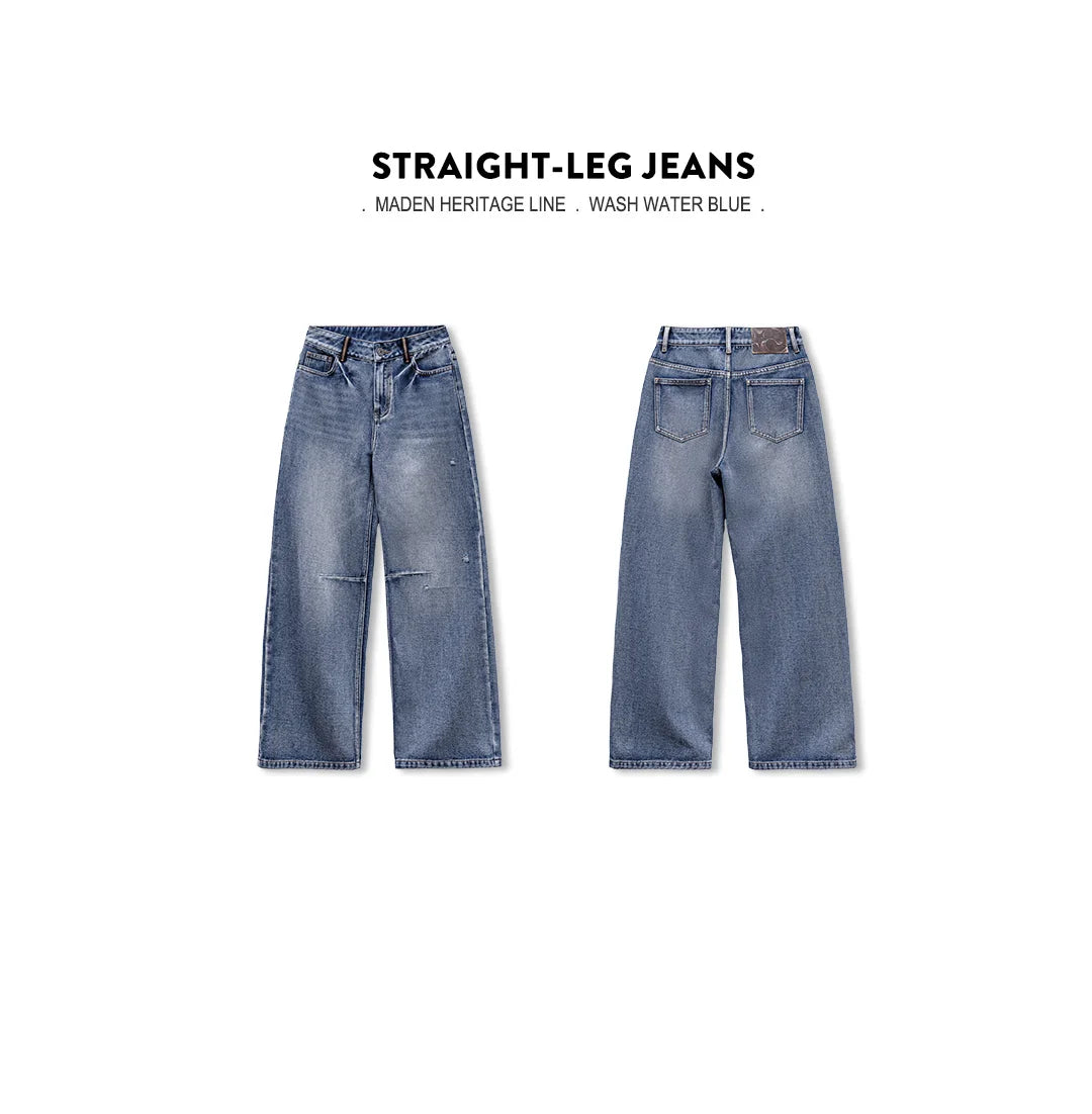 Maden Women's Vintage Low Waist Denim Jeans Heavyweight Washed Casual Long Pants with YKK Zipper for Spring and Autumn