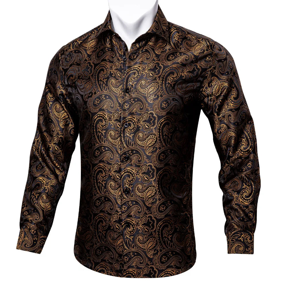 Gold Paisley Bright Shirts Men Autumn Long Sleeve Casual Flower Shirts For Men Designer Fit Dress Shirts BCY-07