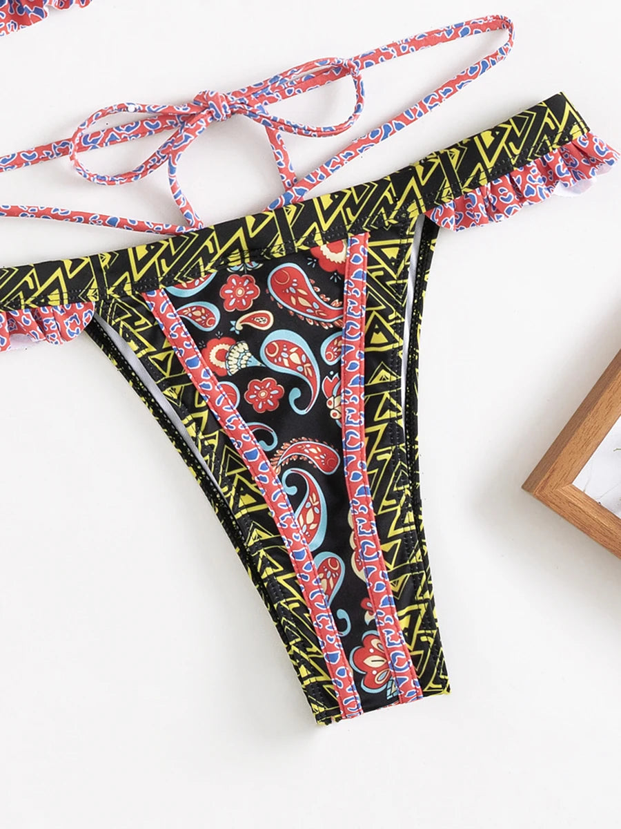 Print Bikinis Bordered Bikini Set Mciro Halter Swimwear Women Swimsuit Sexy Beachwear Brazilian Biquini Triangle Bathing Suits