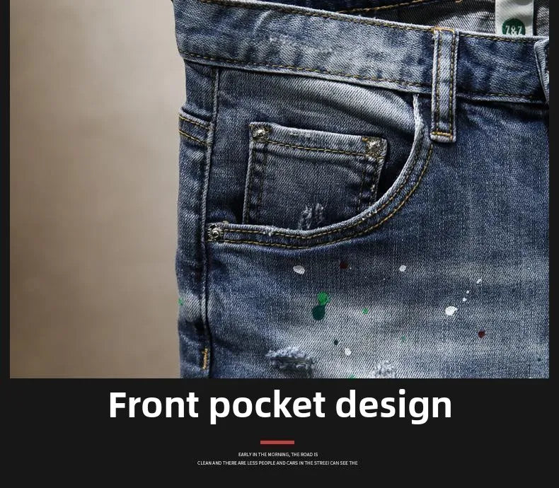 Washed Ripped Denim Men's Trendy Brand Spray Paint Medium Summer Thin Elastic Patch Bermuda Short Pants Men's Jeans Shorts