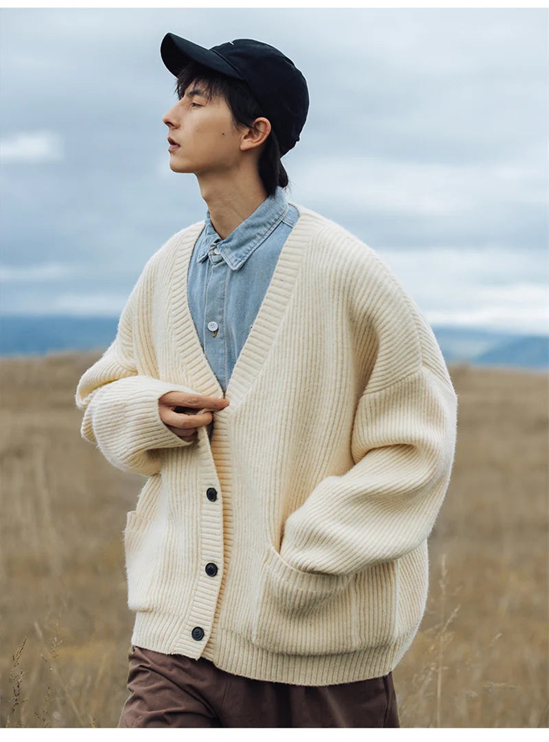 Autumn Men's Casual Textured Pockets Cardigan Y2K Vintage Streetwear V-neck Knitted Sweaters Korean Fashion Cardigans Hombre