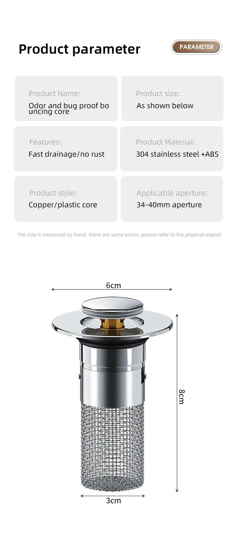 Bathroom Basin Drain Strainer Pop‑Up Removable Stainless Steel Hair Catcher Stopper Insect Proof Odor‑Proof Anti‑Clog Filter