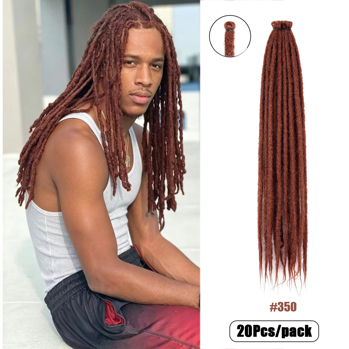 20Strands 24 Inch Synthetic Dreadlock Extensions Ombre Black 0.6cm Width Single Ended Hippie Reggae Style Crochet Hair for Men