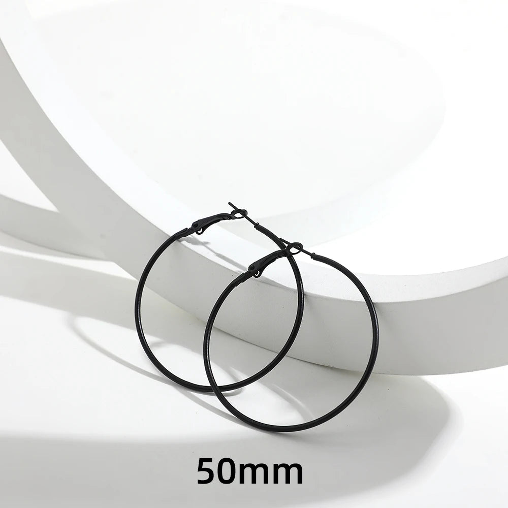 5 Sizes Stainless Steel Black Round Circle Hoop Earrings for Women Punk Exaggerated Smooth Statement Earring Gothic Jewelry Gift