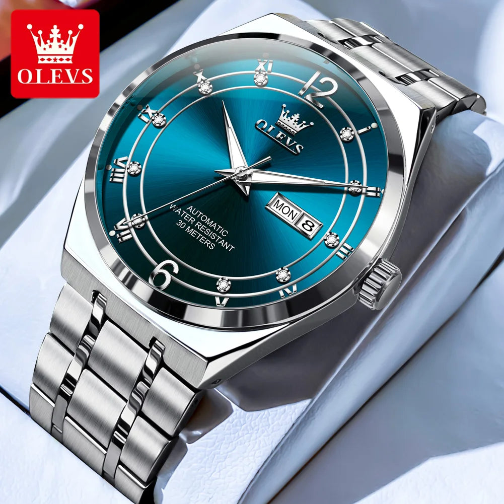 OLEVS 7068 Mens Watch Original Automatic Menchanical Wristwatch Waterproof Luminous For Men Sport Date Dual Calendar Design