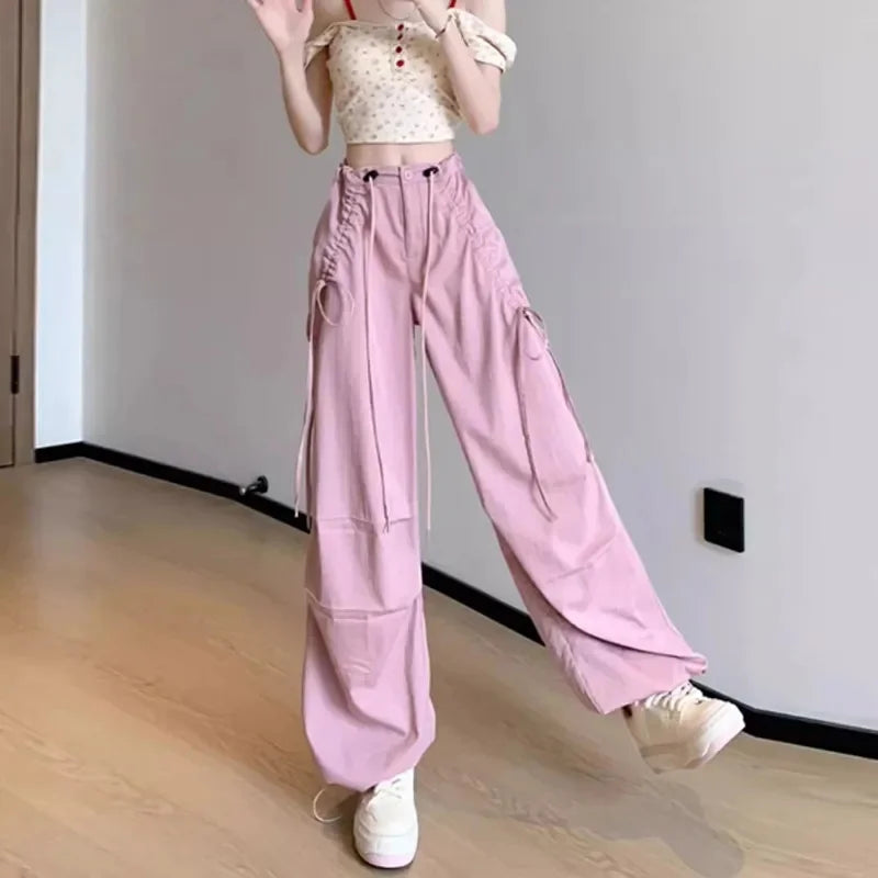 2026 Spring Summer New Women Pants Drawstring High Waisted Female Wide Leg Trousers Casual Vintage Korean Ladies Slim Work Pants