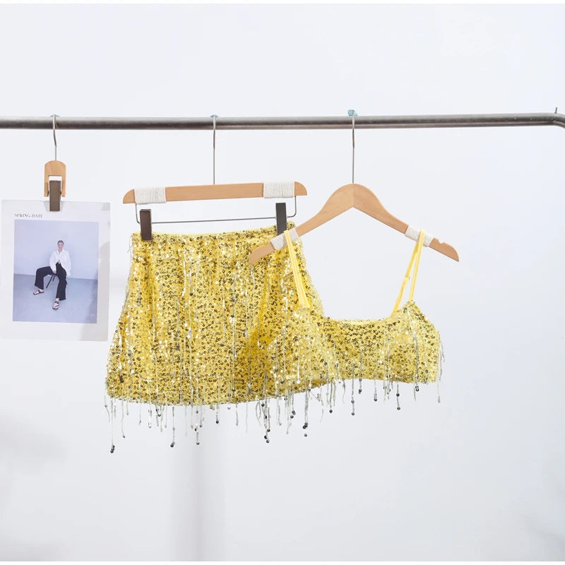 Sexy Tassel Sequins Vest Mini Skirt Women Crop Sling Vests Short Hip Package A-line Skirts 2026 Summer Lady Beach Party Outfits