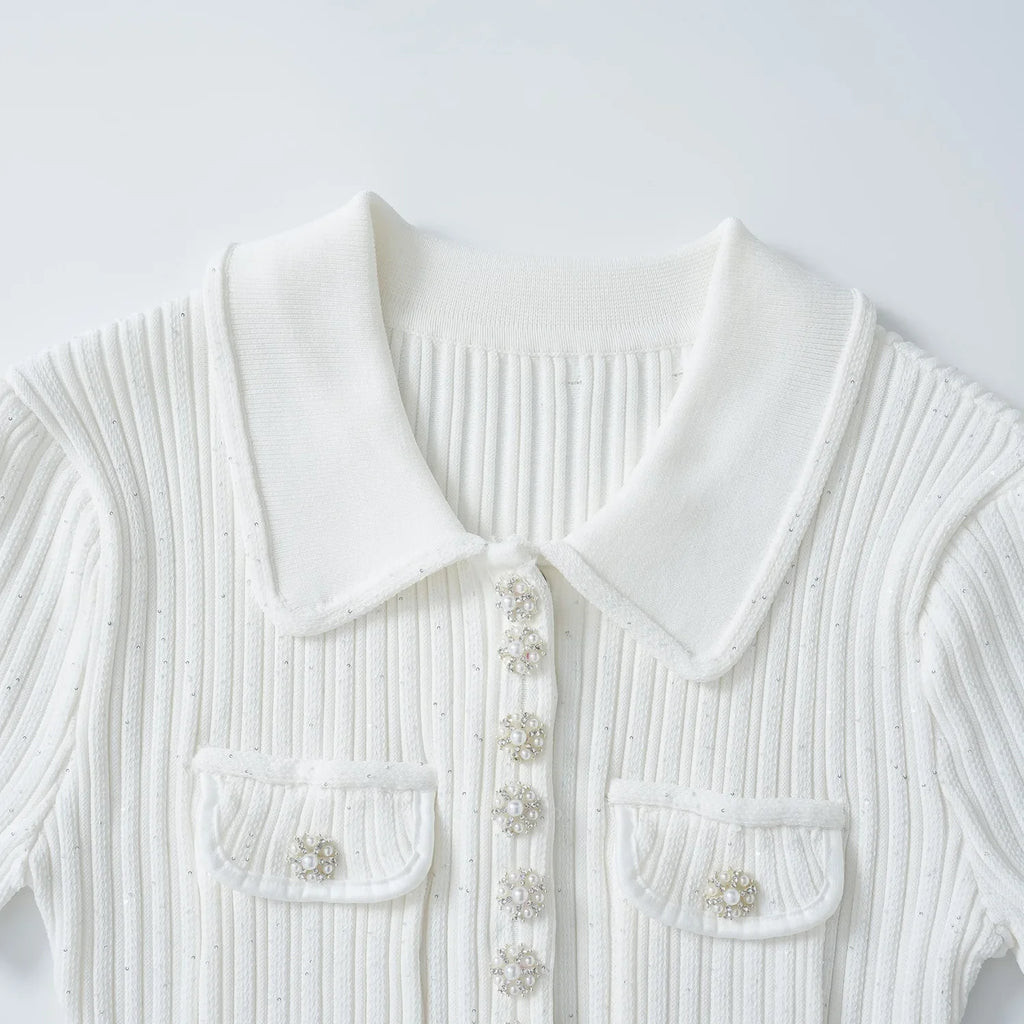 Brand Designer Polo Knitted Dress Women Summer Short Sleeve Single Breasted Flower Button Knitting Sweater Mini Dresses