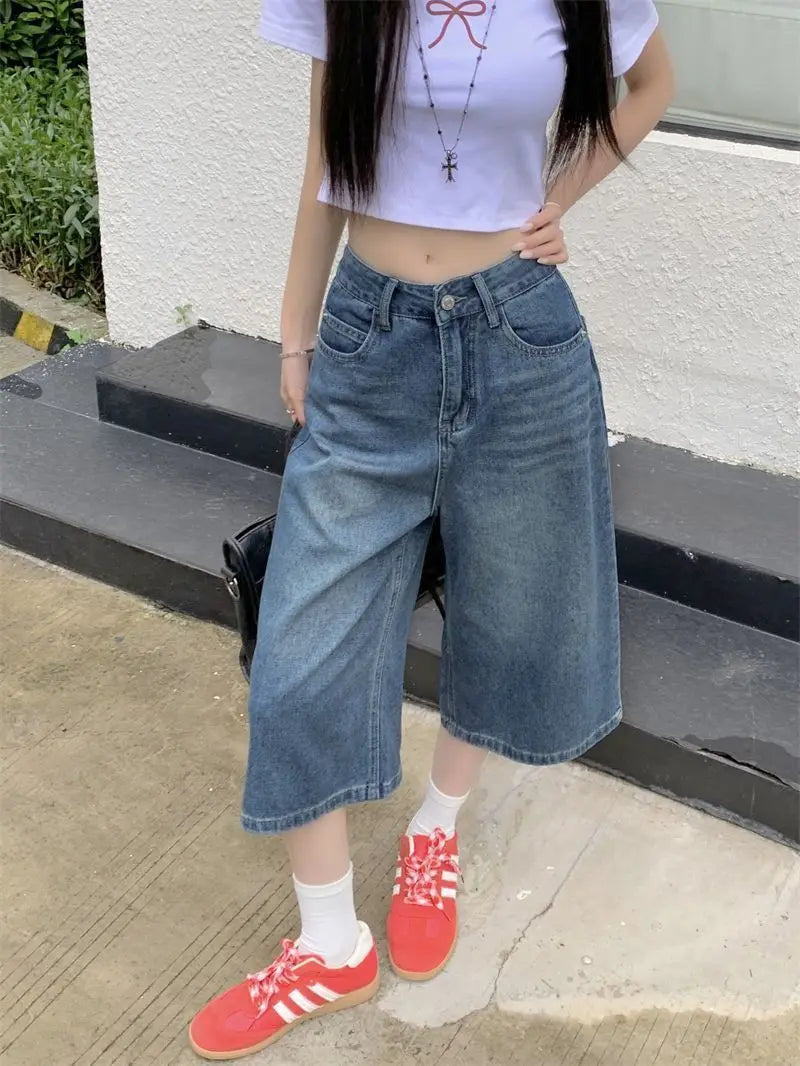 Summer American Style Vintage Women Baggy Jeans Y2k Loose Washed High Waist Knee Length Denim Pants Streetwear Wide Leg Shorts