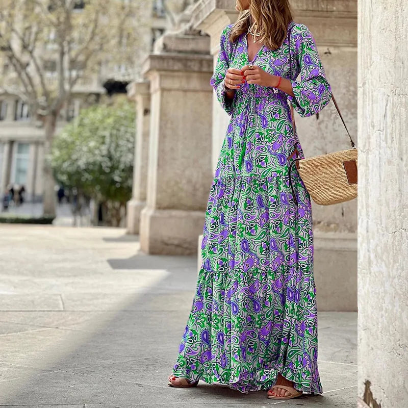 Women's Summer New Fashionable Printed Sexy V-neck Long Sleeve High Waist Elastic Waist Medium Length Bohemian Dresses
