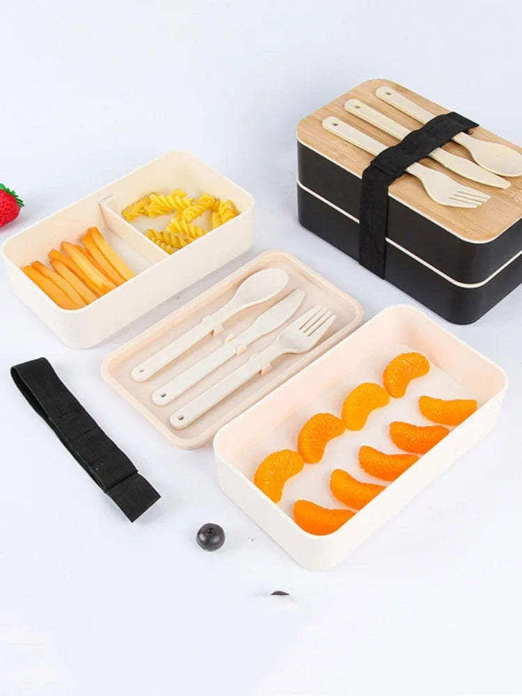 1200ML Divided Lunch Box Picnic Microwave Wooden Cover Japanese Bento Box Portable Double Layer Food Container for Kids
