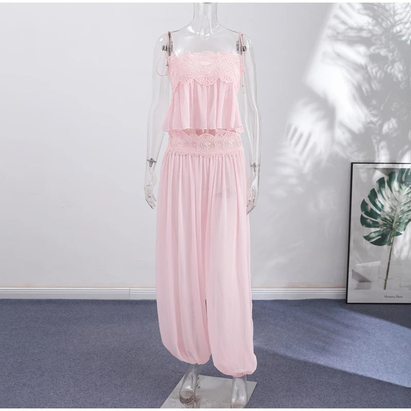 Tie Strap Women's Hollow Floral Lace Two Piece Set Ruffle Crop Camisole High Waist Lace Waist Sheer Textured Wide Leg Long Pant