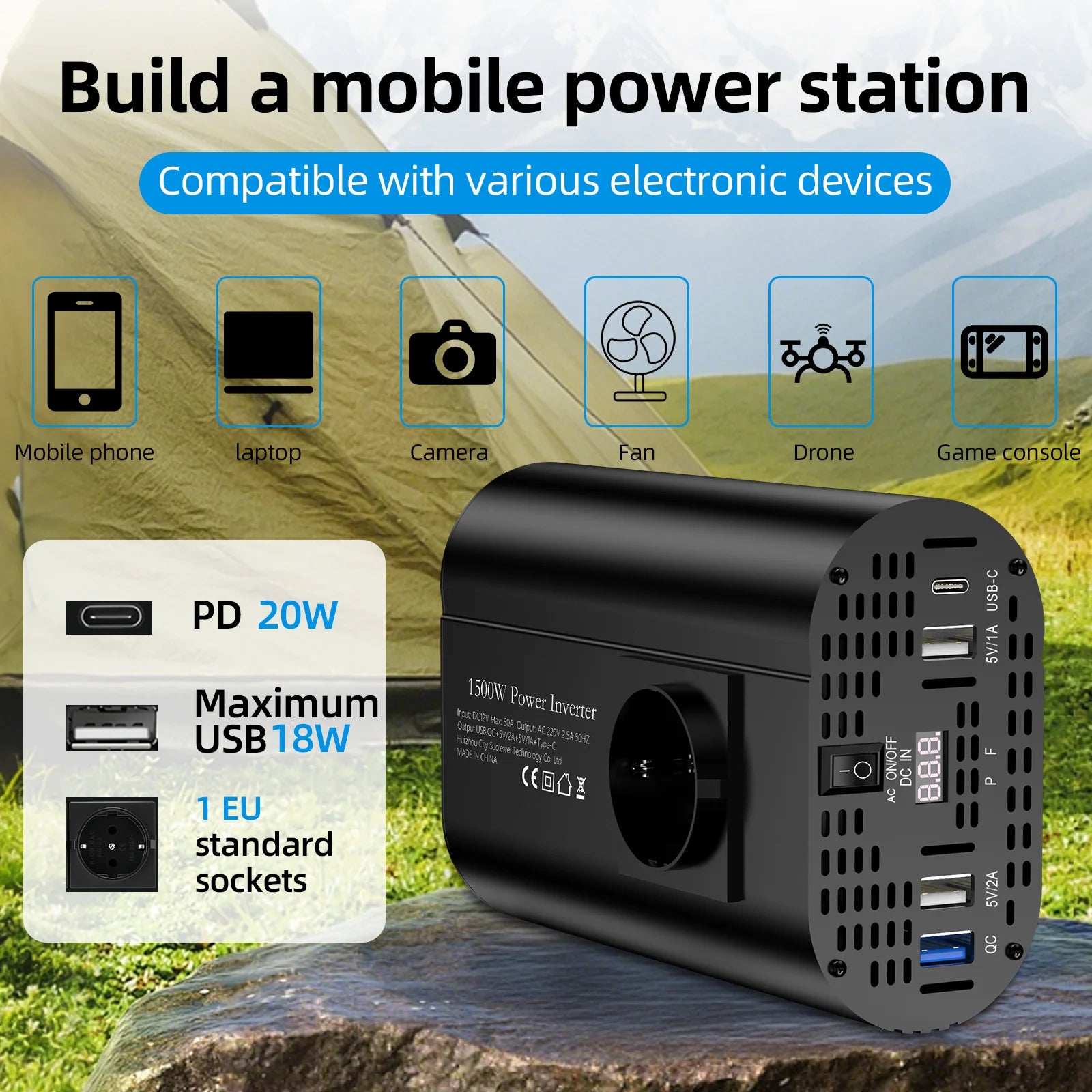 Inverter DC 12V to AC 220V 50HZ correction wave inverter solar car power 1500W voltage portable converter