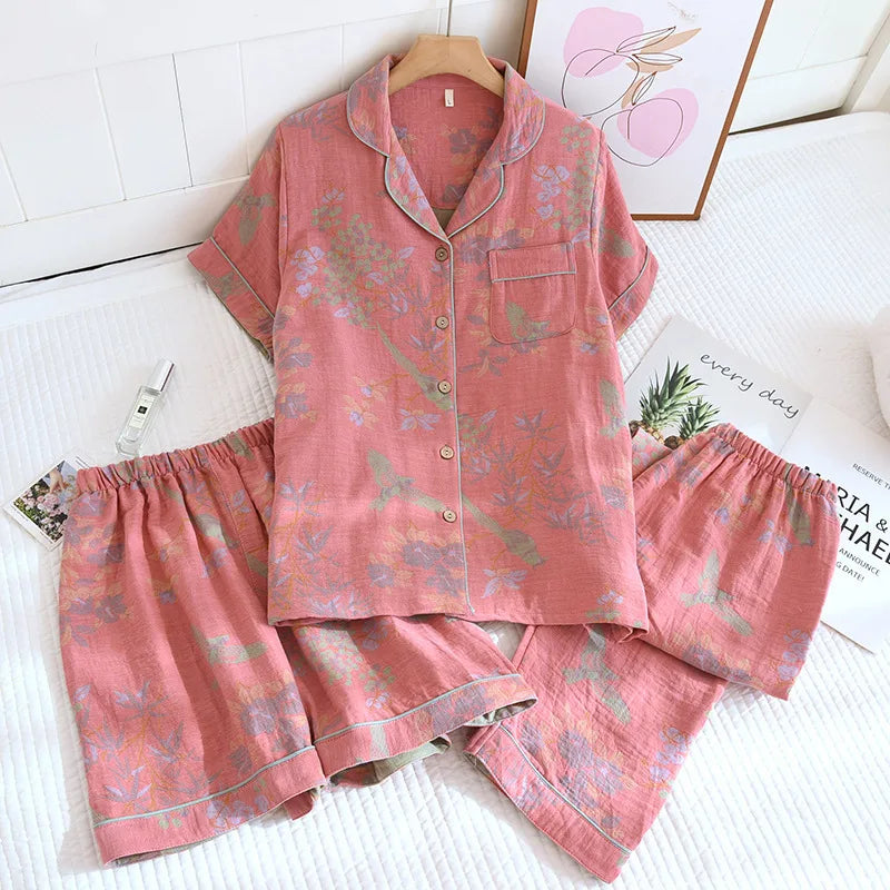 Short Sleeve Sleepwear Women's Pajamas Set Gauze Cotton Pyjamas Summer New 3 Pieces Floral Home Wear Nightwear For Woman