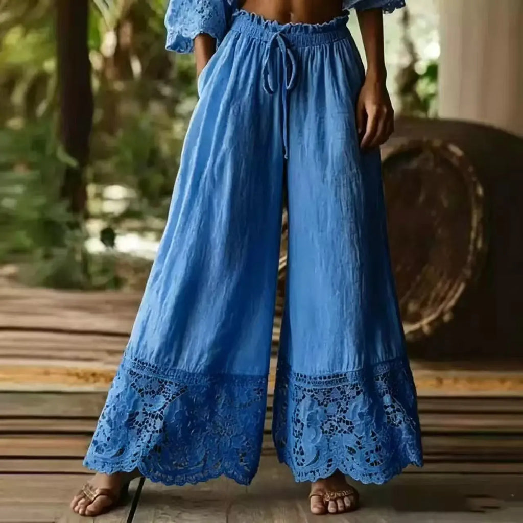 Women's Wide Leg Pants High Waist Drawstring Lace Trim Palazzo Trousers Casual Vintage Loose Elastic Waist Summer Beach Pants