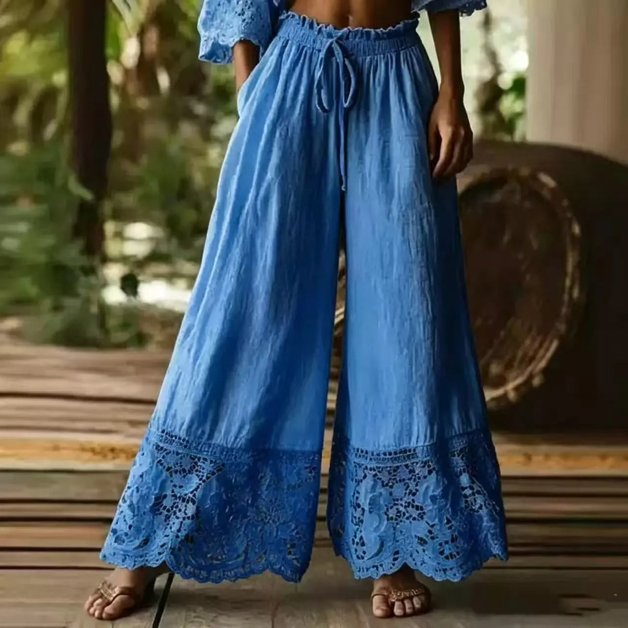 Women's Wide Leg Pants High Waist Drawstring Lace Trim Palazzo Trousers Casual Vintage Loose Elastic Waist Summer Beach Pants