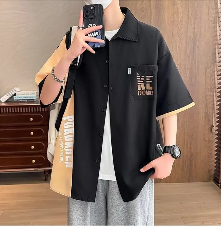 New Shirts for Men Patchwork Graphic T-shirts Men's Clothing Summer Casual Short Sleeved Daily Street Tops Loose Oversized Shirt