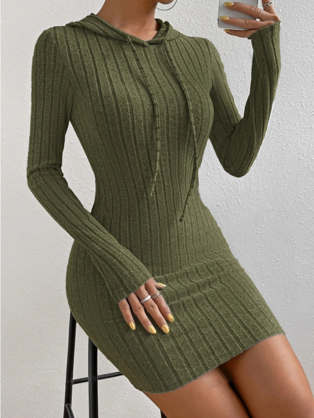 Women's Plain Hooded Drawstring Dress, Casual Tight-Fitting Long Sleeve Dress for Spring & Fall, Comfortable Moderate Fabric