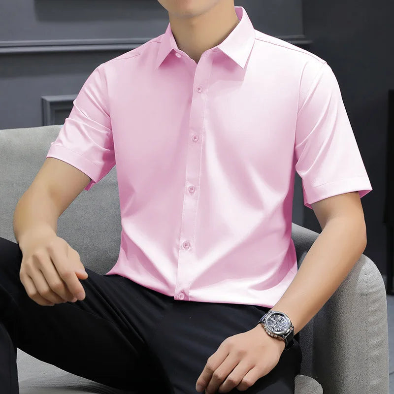 Casual Light Blue Short Sleeve Button Up Shirt for Men Versatile Collared Dress Shirt for Spring & Summer