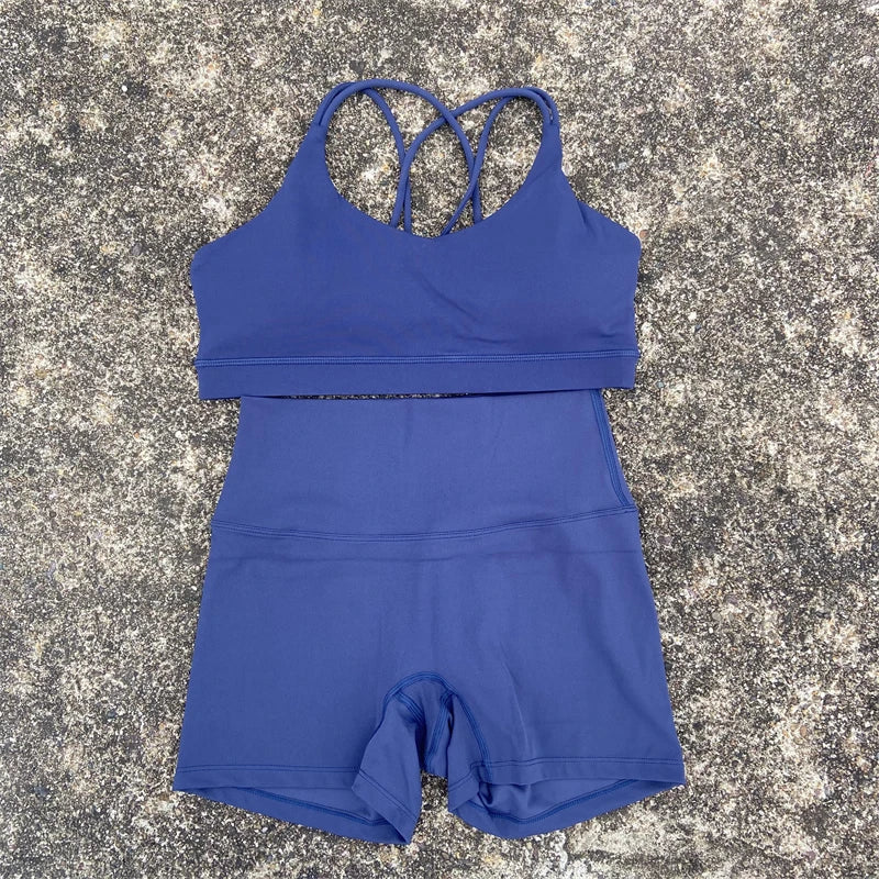 2 Piece Yoga Shorts Set Gym Sports Set Women Workout Outfit Fitness Suit Cross Straps Bra High Waist Shorts Running Tracksuit