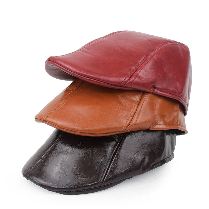 Fall Winter PU Men's Beret Hat Fashionable Casual Style Headwear for Men Bright Leather-like Warm Forward Hats Visors for Women