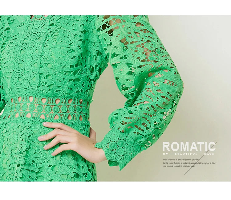 Solid Lace Holloe Out Slimming Elegant Dresses For Women Stand Collar Long Sleeve High Waist Minimalist Dress Female Fashion