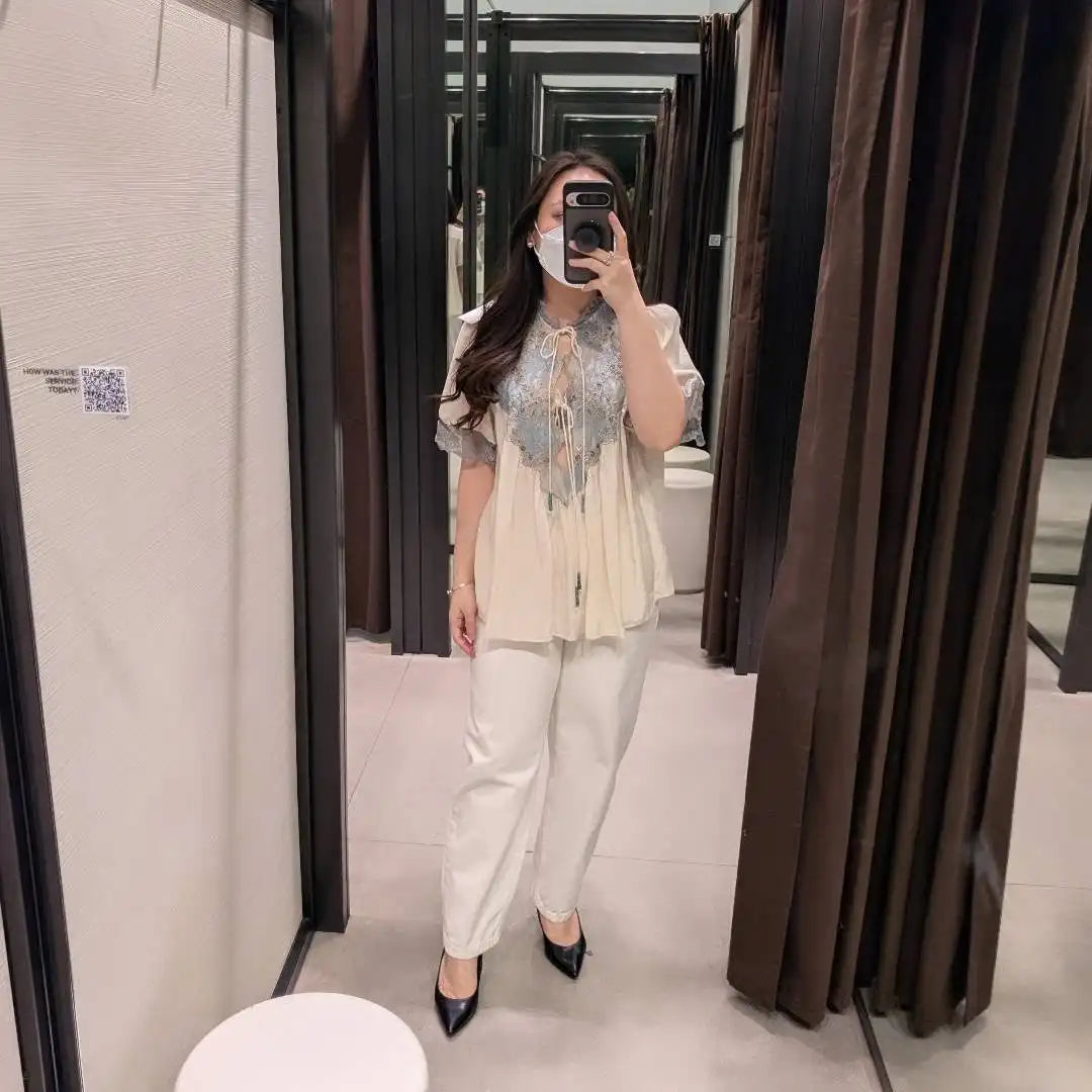 Floral Stamp Lace Patchwork Blouse Ruffle Neck Tie Front Puff Short Sleeve Loose Boho Shirt Women's Casual Vacation Top 2026 New