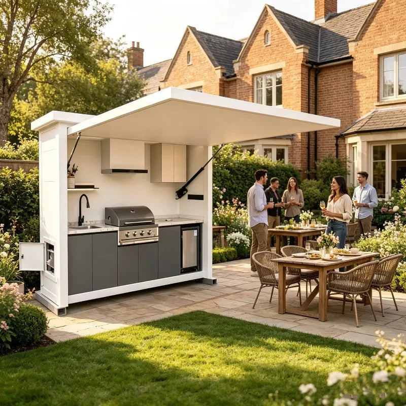 Luxury Outdoor Kitchen Island Set with Built-in Gas BBQ Grill, Pizza Oven & Storage Drawers Prefabricated Patio Cooking Station