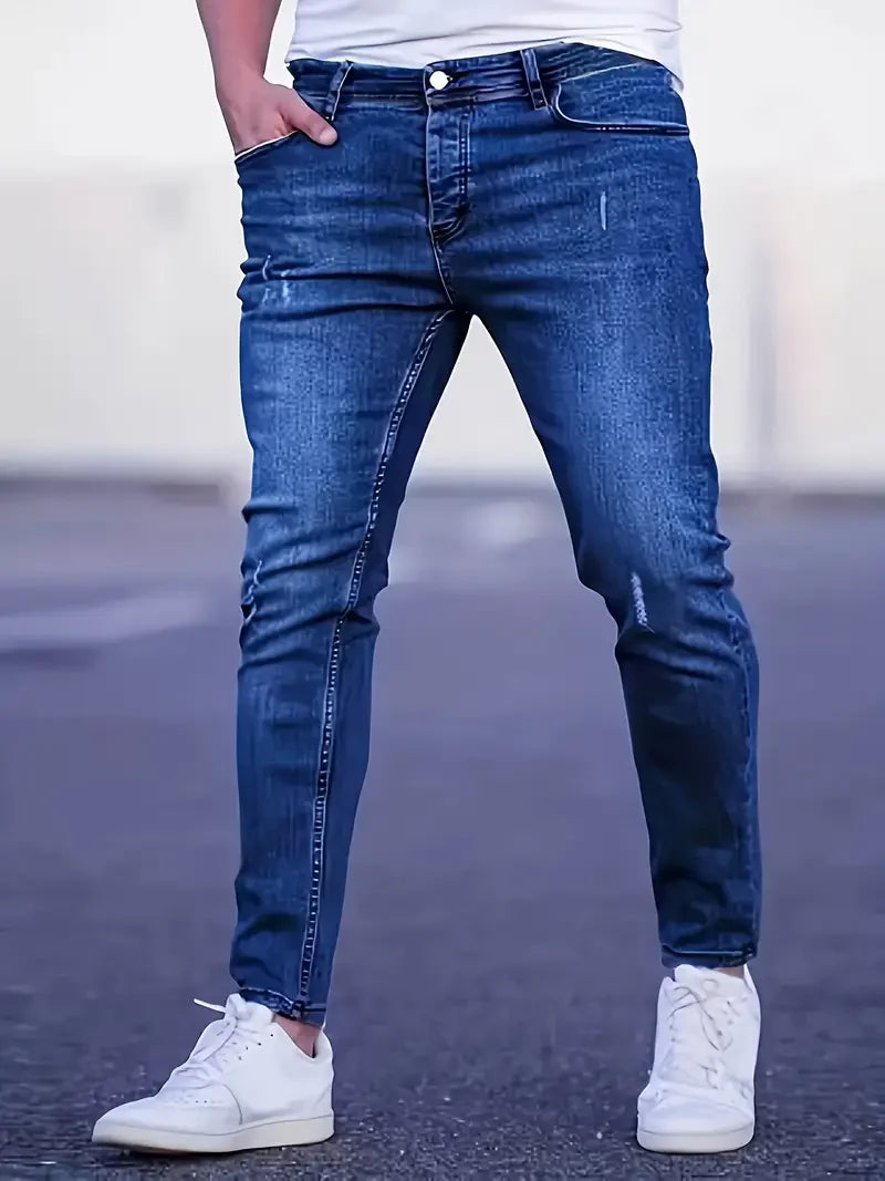 Men's Slim Fit Stretch Denim Jeans with Ripped Detail & Contrast Stitching, Fashion Streetwear Casual Trousers for Daily Wear