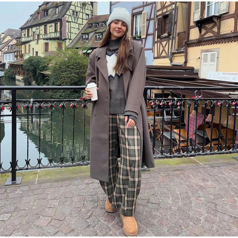 Chic Green Plaid Print Loose Pants Women Casual High Waist Straight Wide Leg Trousers Party Daily Classic Attire 2026 Spring