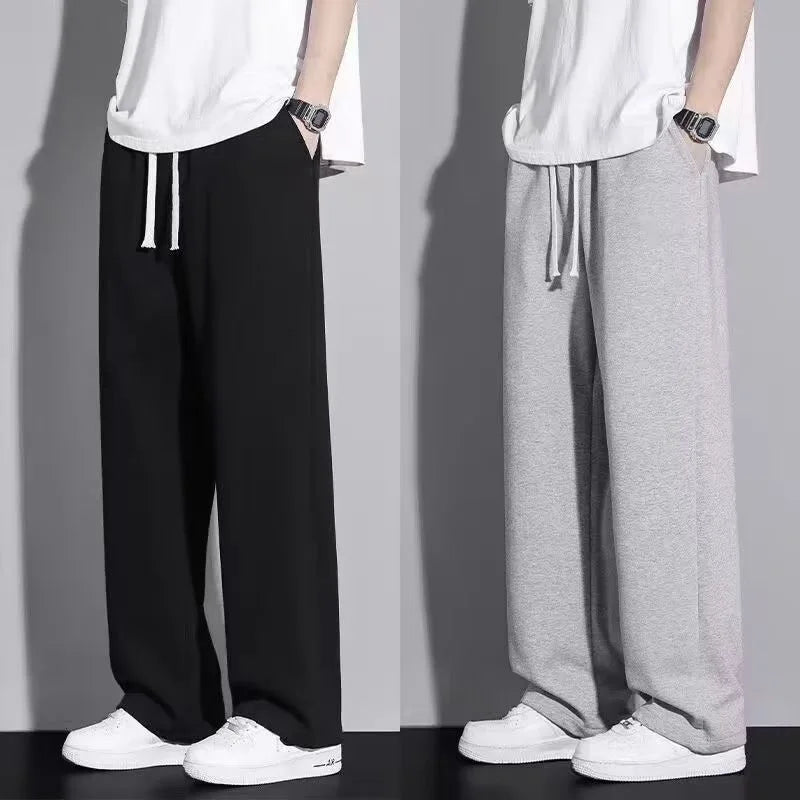 Men's Casual Straight Leg Drawstring Sweatpants Versatile Leisure Long Trousers Student Sports Pants Polyester Fiber Elastic