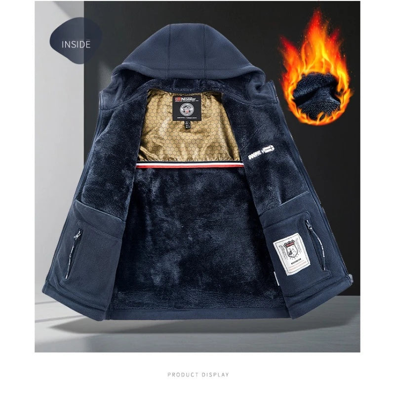 CHUJIE Men's autumn and winter fleece fashion graphenewarm hooded jacket outdoor hiking sports with thick fleece cardigan jacket