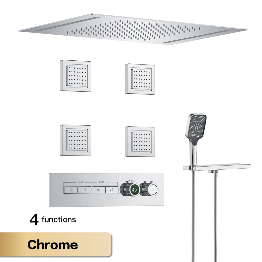 Luxury Gun Grey Brass Thermostatic Shower System Ceiling-Embedded Rainfall&Waterfall Outlet with LED Display Bathroom Mixer Tap